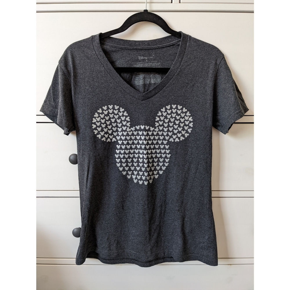 Disney Charcoal Gray V-Neck Tee with Mickey Heart Print